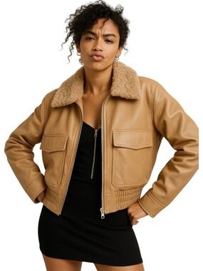 French Connection Size XL Faux Leather Zipper Jacket With Sherpa Collar